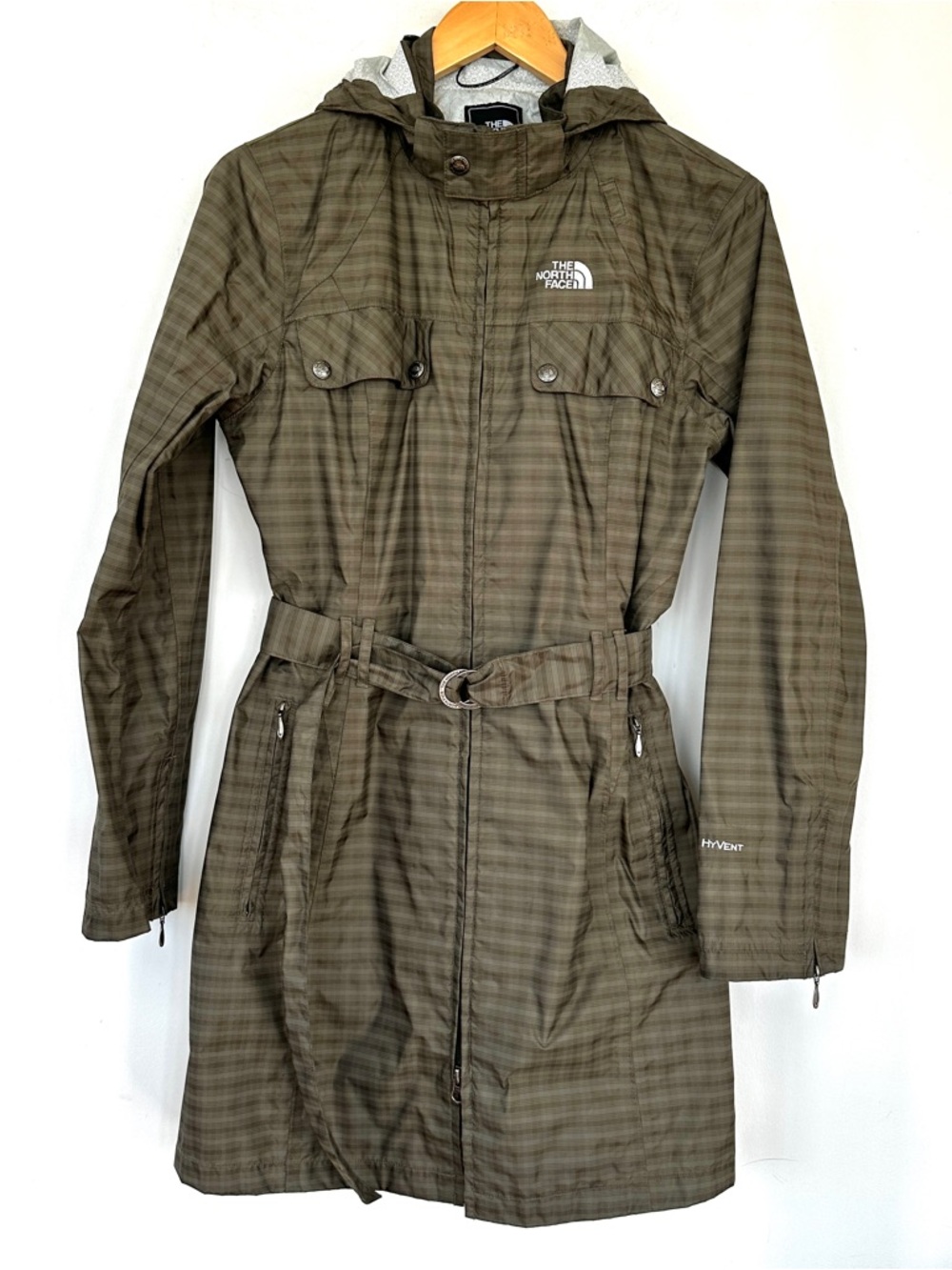 The North Face Grace hyvent raincoat green gray plaid size medium